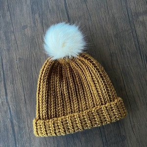 Ready to Ship Kids/ Small Teen Beanie Camel Hat Faux Fur Pom Pom Hat Knit Hat Crochet Hat Winter Hat Chunky Hat Beanie