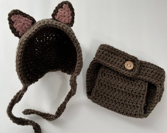 Ready to Ship Newborn Crochet Brown Cat Bonnet and Diaper Cover, Cat Hat, Knit Hat, Kitten Hat, Photo prop, Baby Girl, Baby Boy