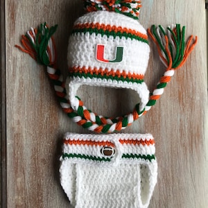 Newborn Crochet Miami Hurricane Hat and Diaper Cover Photo Prop Football University of Miami Baby Boy Baby Girl Knit Hat