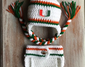 Newborn Crochet Miami Hurricane Hat and Diaper Cover Photo Prop Football University of Miami Baby Boy Baby Girl Knit Hat