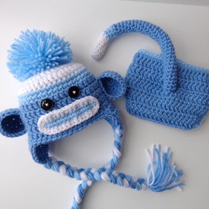 新生児用かぎ針編みの青いソックスモンキー帽子とおむつカバー、男の子用、写真撮影用小道具