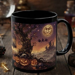 May include: A black ceramic mug featuring a detailed Halloween-themed illustration of a gnarled tree, glowing jack-o'-lanterns, a full moon with a face, silhouettes of flying witches, and a dark castle set against a purple and orange sky.