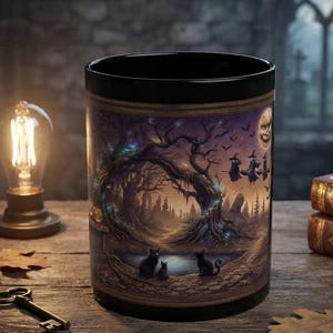 May include: A black ceramic mug featuring a printed illustration of a dark forest scene with a full moon, flying witches, and three black cats sitting by a pond. The mug has a dark rim and base, showcasing a detailed, atmospheric woodland landscape.