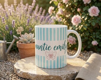 Personalized Aunt Mug, Watercolor Stripes, Butterfly Design, Pregnancy Announcement Gift
