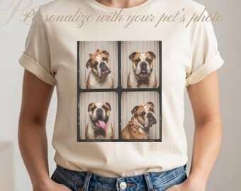 Personalized Dog Photobooth T Shirt Custom Pet Portrait Gift Vintage Style Dog Lover Apparel Funny Bulldog Strip Tee Unisex Gift Idea