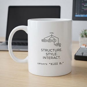 May include: A white ceramic mug featuring a black graphic of an HTML tree structure with the labels BODY, DIV, P, and SPAN. Below the graphic, the text reads STRUCTURE. STYLE. INTERACT. and the line owner: "ALEX M." is printed at the bottom.