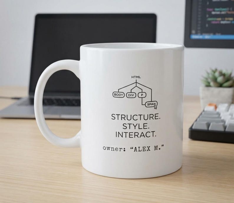 Pode incluir: Uma caneca de cer&acirc;mica branca com um gr&aacute;fico preto de uma estrutura de &aacute;rvore HTML com as etiquetas BODY, DIV, P e SPAN. Abaixo do gr&aacute;fico, o texto diz STRUCTURE. STYLE. INTERACT. e a linha owner: "ALEX M." est&aacute; impressa na base.