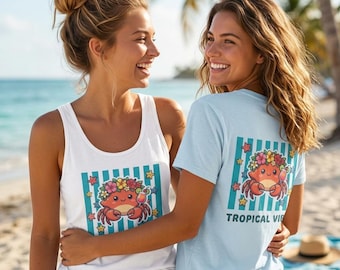 Tropical Crab Shirt & Tank Top Set: Personalized Beach Vacation Apparel