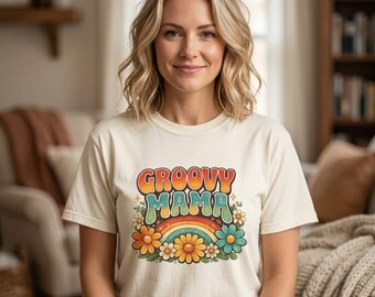 Groovy Mama Shirt, Retro 70s Rainbow Floral Tee, Boho Mom Outfit