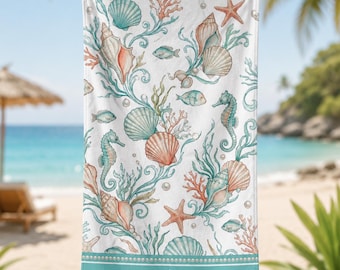 Personalized Coastal Seashell Beach Towel, Ocean Lover Summer Accessory