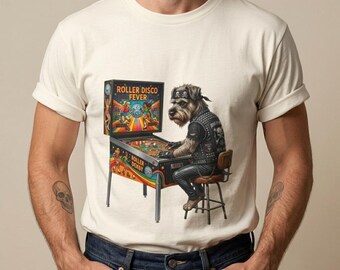 T-shirt Schnauzer Pinball | T-shirt rétro arcade pour chien | Cadeau humoristique pour amoureux des chiens | T-shirt vintage pour gamer | Cadeau pour maman de chien | T-shirt pour papa de chien