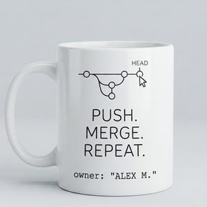 May include: A white ceramic mug featuring a black graphic of a Git version control branch diagram with a cursor pointing to the HEAD. The text reads PUSH. MERGE. REPEAT. and owner: "ALEX M." in a clean, sans-serif and monospaced font style.