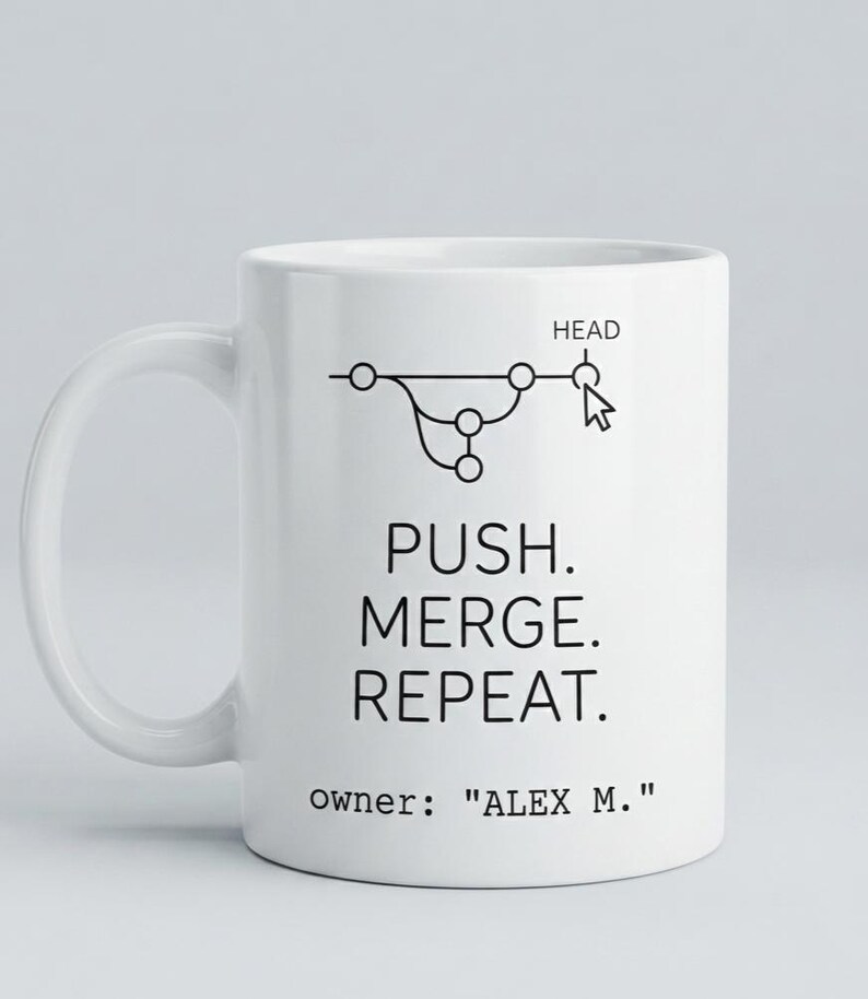 Peut inclure: Un mug en c&eacute;ramique blanche orn&eacute; d'un graphique noir repr&eacute;sentant un diagramme de branchement de contr&ocirc;le de version Git avec un curseur pointant vers HEAD. Le texte indique PUSH. MERGE. REPEAT. et owner: "ALEX M." en police sans-serif.