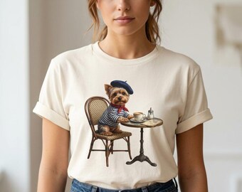 Custom Parisian Dog Shirt Personalized Yorkie Portrait Sweatshirt French Cafe Style Pet Tee Cute Dog Lover Gift Custom Pet Apparel For Her