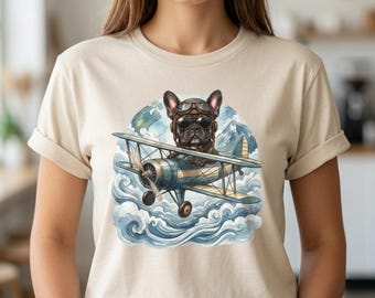 T-shirt Bouledogue Français Pilote | T-shirt vintage Chien Avion | Cadeau Aviateur Humour | T-shirt Amoureux des Bouledogues Français | T-shirt Cadeau Chien Pilote