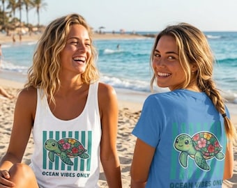 Personalized Turtle Beach Shirt: Summer Ocean Vibes Tee with Hibiscus Flowers
