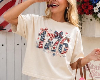 Distressed Faux Patchwork 1776 USA Flag Comfort Colors Boxy Tee, Vintage Patriotic Graphic Crop Top, American Shirt, 4th of July Shirt