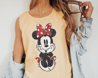 Minnie Mouse Classic Sketch Cute Vintage Tank Top, Retro Disney Trip Tank Shirt, Comfort colors Minnie Shirt, Disney Family Vacation Trip