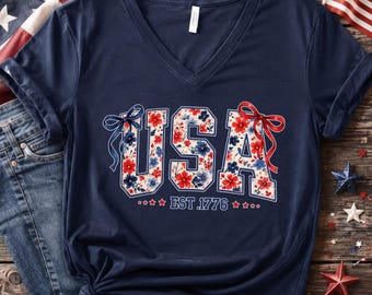 Floral USA Est 1776 Vneck Shirt, 4th of July T-shirt, Independence Day Tee, Memorial Day, Patriotic Women Gift