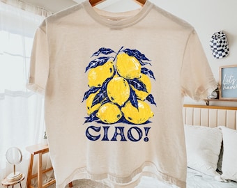 Ciao Italian Lemons Comfort Colors Boxy Tee, Lemon Graphic Shirt Italian Inspired Casual T-Shirt