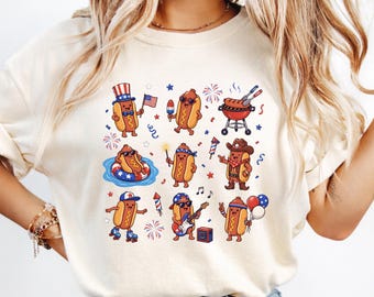 Comfort Colors 4th of July Hot Dog Shirt, Patriotic BBQ Graphic Tee, American Flag T-Shirt, Fireworks Independence Day, Fourth of July Gift
