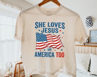 Comfort Colors® Retro USA 250th Year Boxy Tee, Patriotic Christian Tee, She Loves Jesus And America Too Crop Shirt, 4th of July Shirt