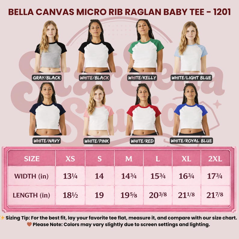 May include: Image of Bella Canvas Micro Rib Raglan Baby Tees in multiple colour combinations, such as grey/black, white/black, white/kelly, and white/light blue. A size chart shows measurements in inches, with width and length details.