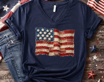 USA Flag Faux Patchwork Bella Canvas V-Neck Shirt, 4th Of July Vneck Tee, Independence Day Tshirt, 250 Years America Gift