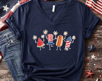 Bella Canvas Patriotic Doodle V-Neck Shirt, Cute Fourth of July, Watermelon Hotdog Firework Tee, Retro American Funny Summer 250th Year Gift