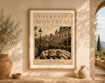 Espresso Montreal Poster, Coffee Wall Art, Coffee Travel Decor, Vintage Travel Print, Coffee Wall Art, Coffee Travel Decor, Kitchen Poster