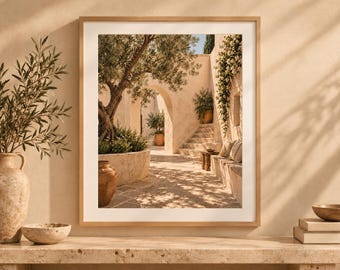 Mediterranean Courtyard Wall Art, Sunlit Patio Print, Coastal Architecture Poster, Terracotta Home Decor, Printable Artwork
