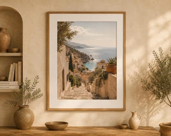Mediterranean Coastal Village Print, Turquoise Sea Wall Art, Whitewashed Houses Poster, Travel Home Decor, Printable Artwork