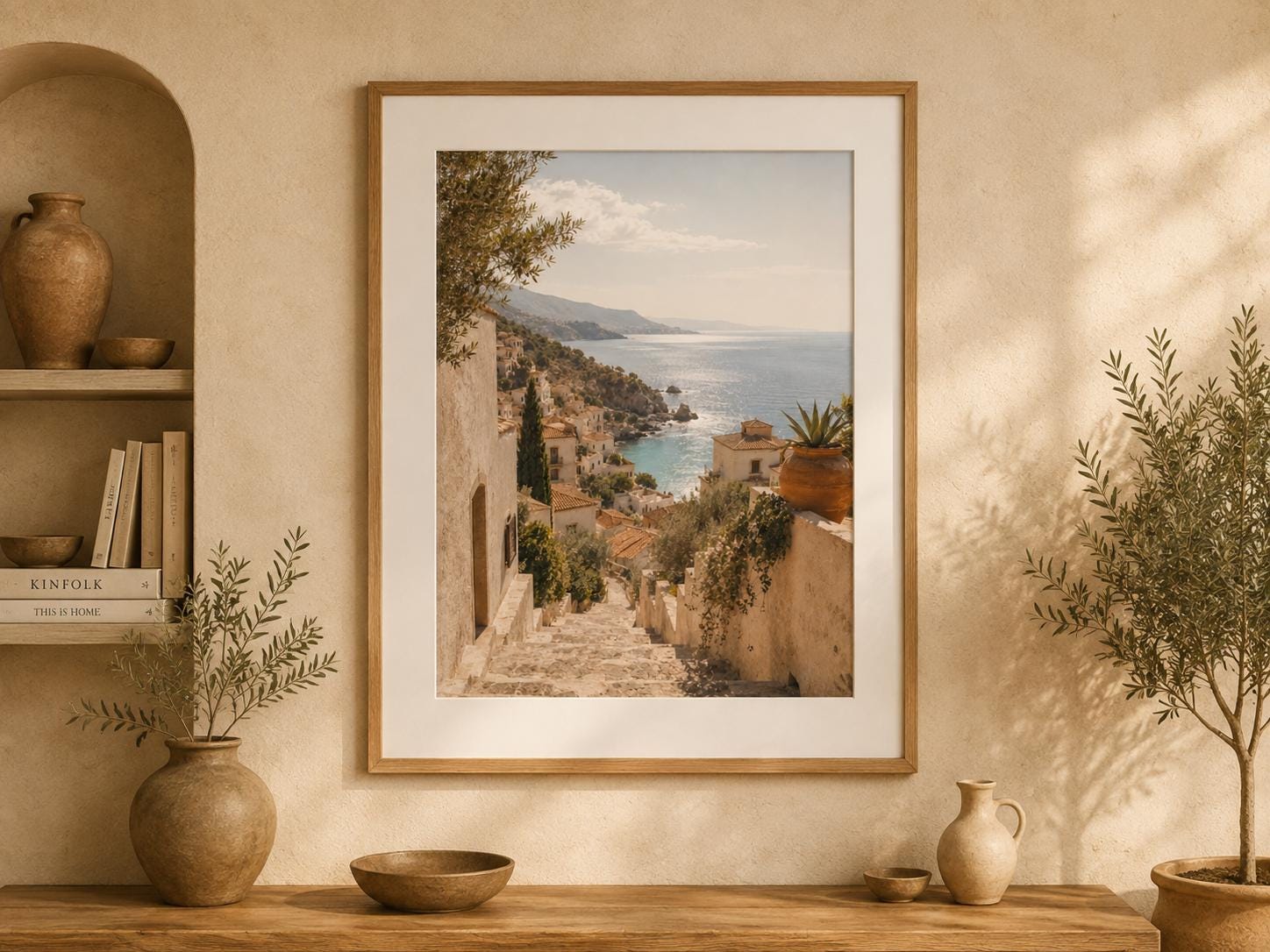 Affiche Mediterranean Coastal Village encadrée dans un intérieur lumineux