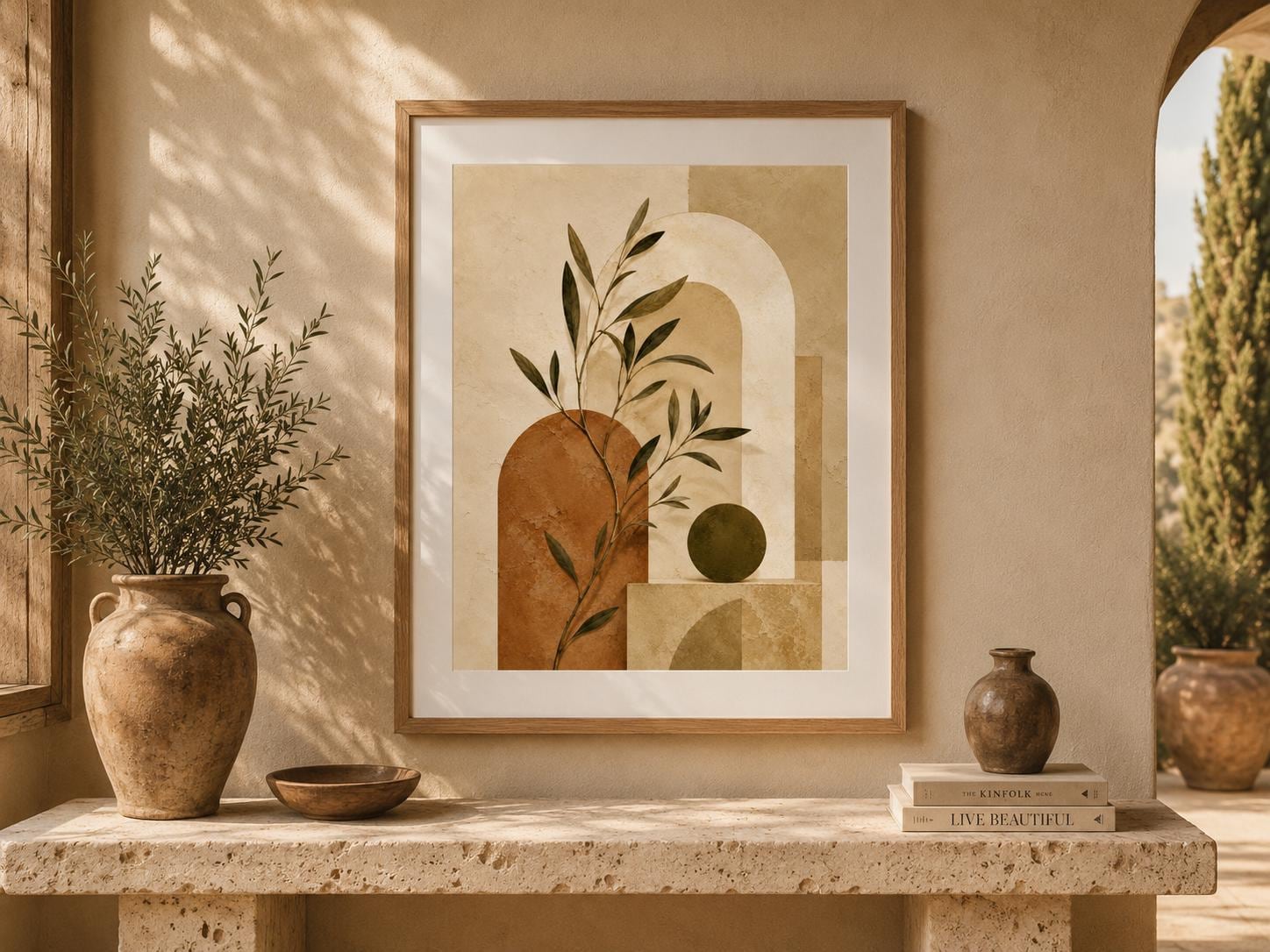 Affiche Olive Tree Wall Art encadrée dans un intérieur lumineux