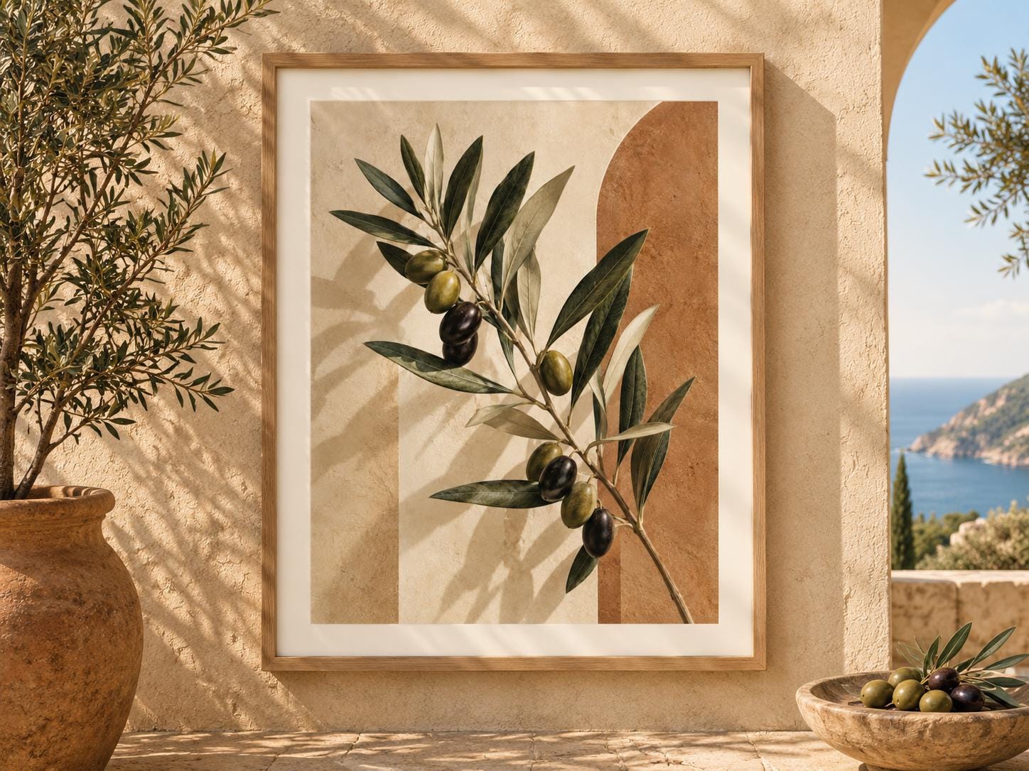 Affiche Olive Tree Wall Art encadrée dans un intérieur lumineux