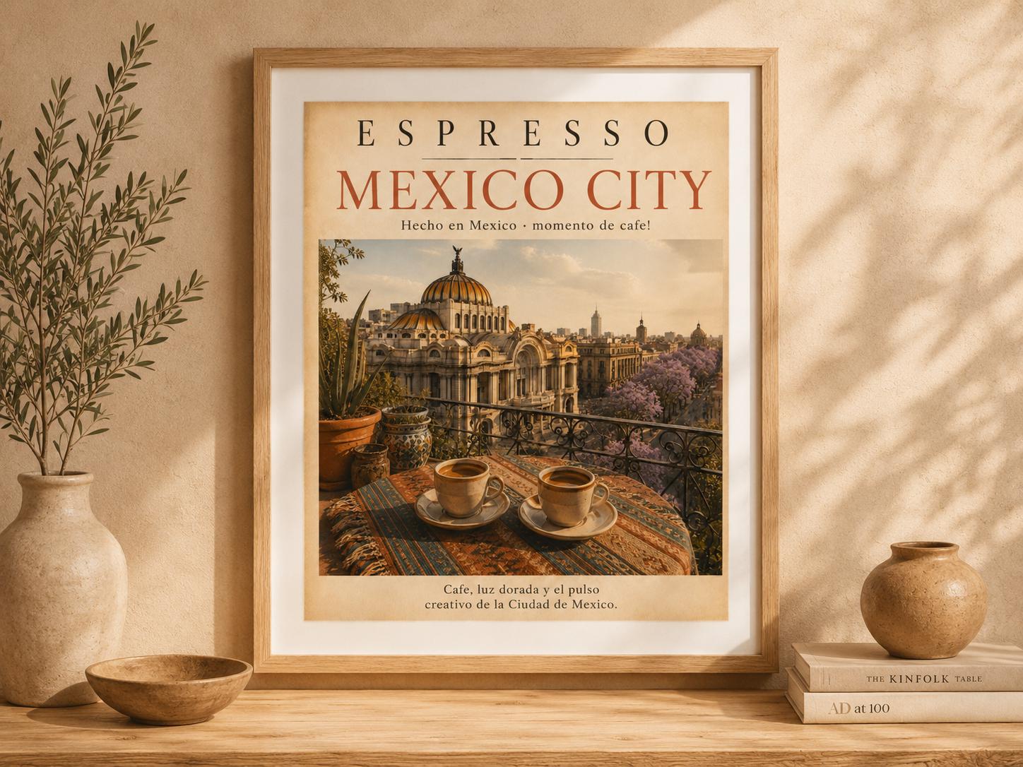 Affiche Espresso Mexico City encadrée dans un intérieur lumineux