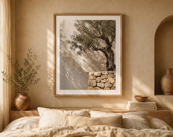 Olive Tree Wall Art, Mediterranean Print, Botanical Wall Decor, Coastal Poster, Stone Architecture Art, Digital Download