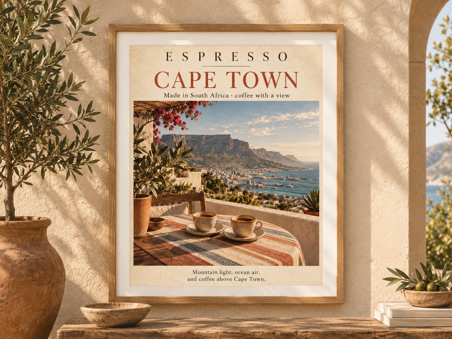 Affiche Espresso Cape Town encadrée dans un intérieur lumineux
