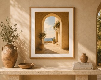 Mediterranean Arch Wall Art, Coastal Courtyard Print, Sunlit Architecture Poster, Terracotta Home Decor, Printable Artwork