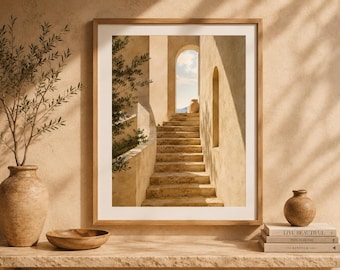 Mediterranean Staircase Wall Art, Stone Architecture Print, Sunlit Steps Poster, Coastal Home Decor, Printable Artwork