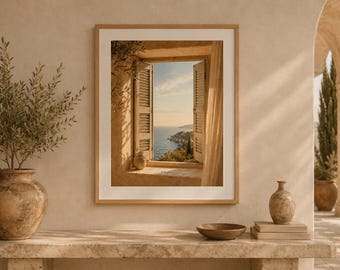 Mediterranean Window Wall Art, Coastal Sea View Print, Sunlit Architecture Poster, Terracotta Home Decor, Printable Artwork