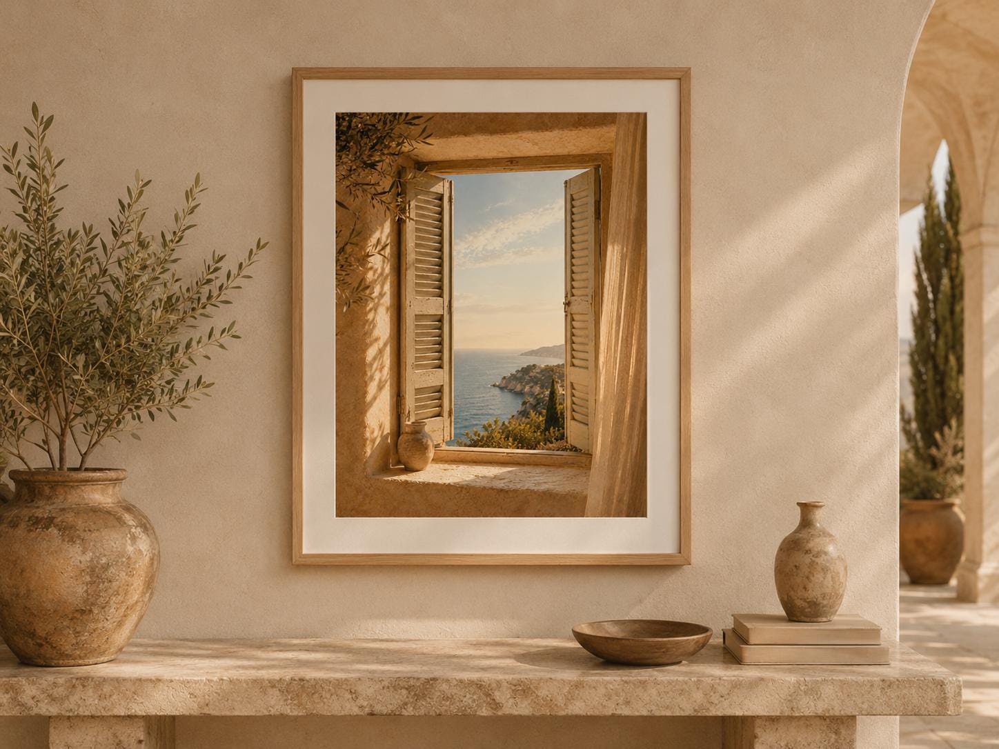 Affiche Mediterranean Window Wall Art encadrée dans un intérieur lumineux