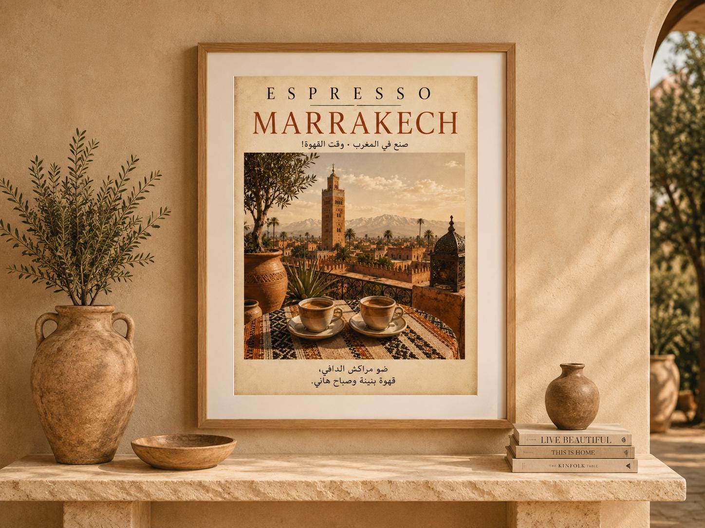 Affiche Espresso Marrakech encadrée dans un intérieur lumineux