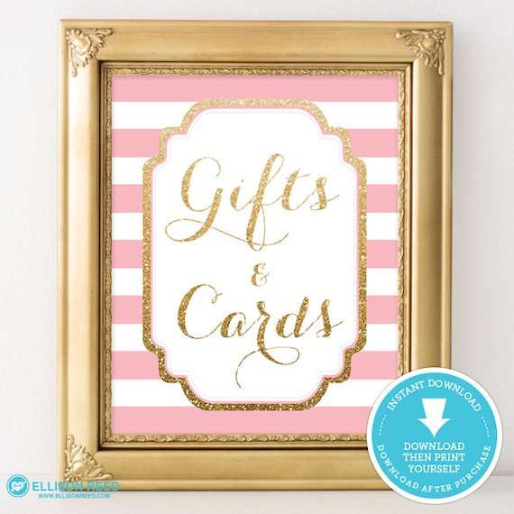Pink and Gold Baby Shower Sign - Gift & Cards party sign - Gold Glitter Baby Shower - Gold Glitter Printable - Girl Baby Shower Printable Il_570xn