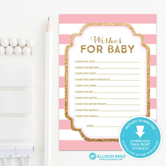 Wishes for baby - Gold Baby Shower wish card - Pink and Gold Baby Shower game - Gold Glitter wishes for baby card - Printable Game Il_570xn