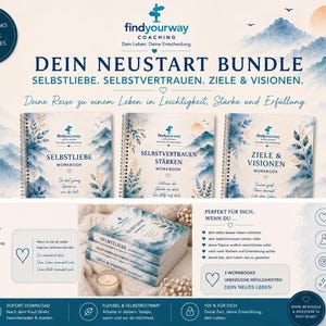 Könnte beinhalten: Werbebild für ein Coaching-Programm mit drei Arbeitsbüchern mit den Titeln "Selbstliebe", "Selbstvertrauen" und "Ziele & Visionen". Das Design umfasst Aquarell-Bergillustrationen und den Text "Dein Neustart Bundle".