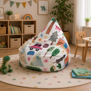 Safari Animals Pattern Bean Bag Chair Cover | Watercolor Jungle Trees, Leopard, Cute Kids Room