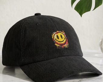 Grunge Smile Face cap | Corduroy Embroidered Smiley, Distressed Emoji