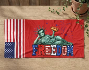Liberty Statue with Hot Dog FREEDOM Beach Towel | American Flag Patriotic