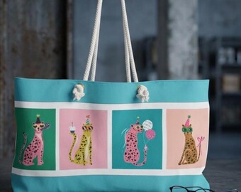 Party Leopard Illustration Weekender Bag | Colorful Cat Print Travel Tote